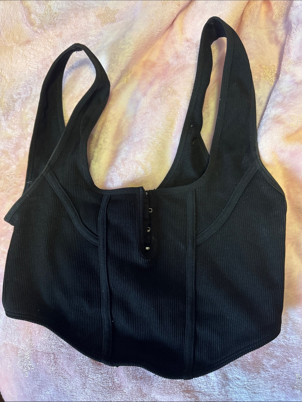 Black Ribbed Hook-Front Crop Tank